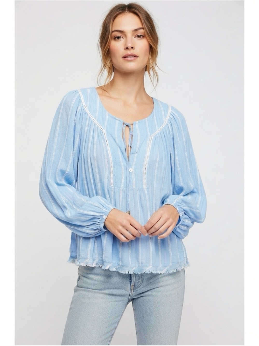 Free People Wrapped In Rhythm Blouse S Blue White Striped Boho Peasant Top